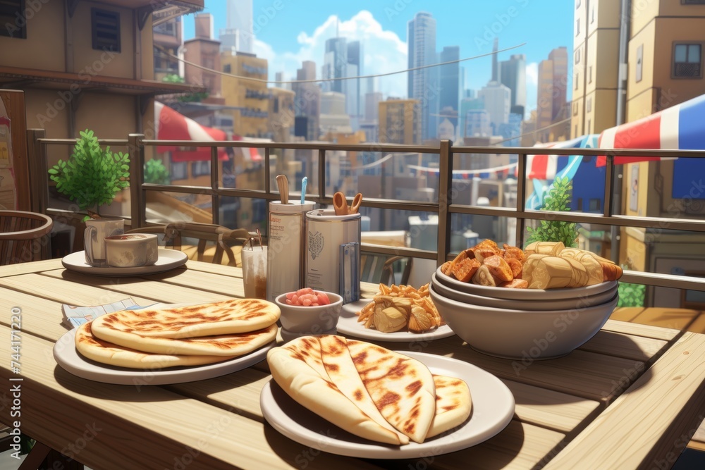 Mediterranean rooftop dining experience featuring a delectable spread of falafel, pita, hummus, and olives, complemented by a breathtaking cityscape view. Illustration.
