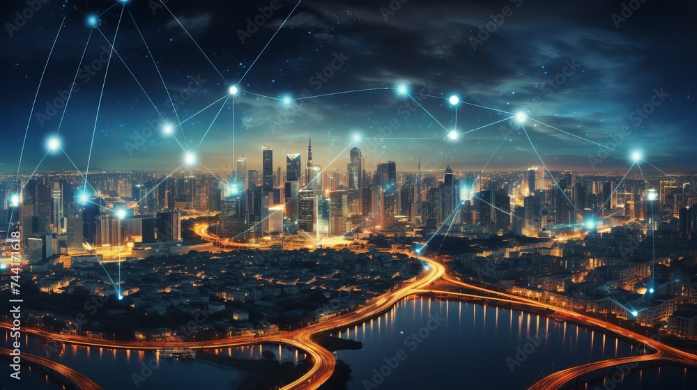 Modern city with wireless network connection and city scape concept.Wireless network and Connection technology concept with city background at night