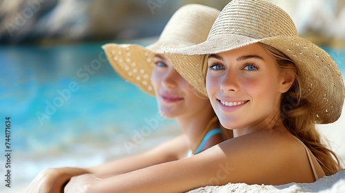woman sitting sunbathing on the beach created by ai