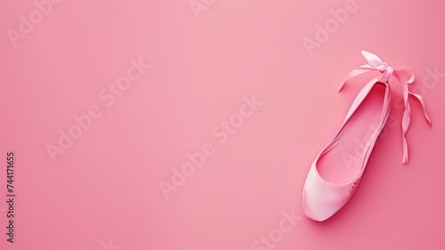 Pink ballet shoe with ribbon on pink background