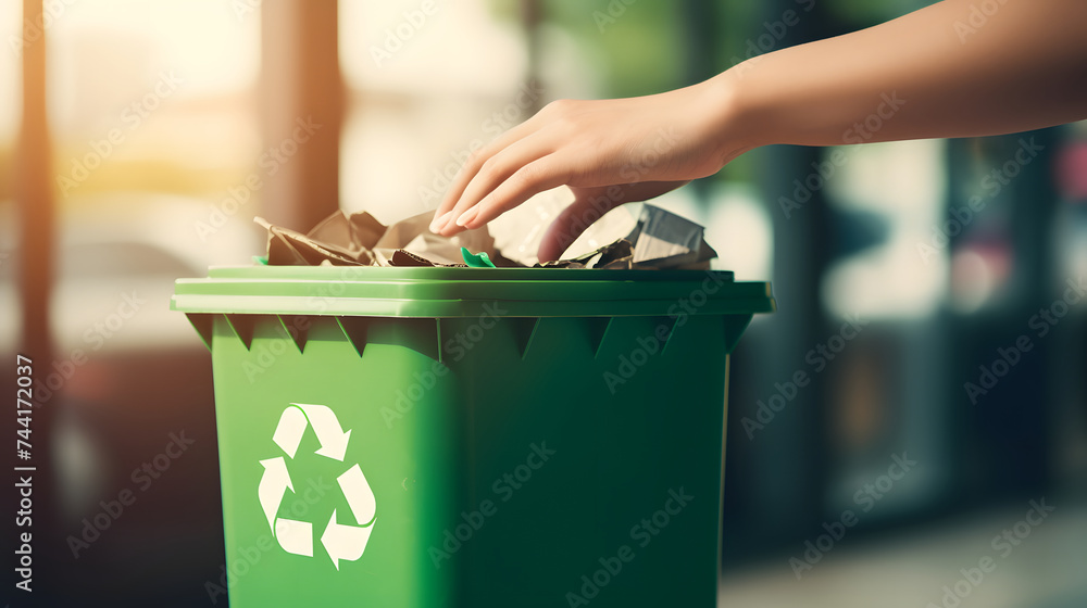 A person takes action against waste by reaching for the green recycle bin, symbolizing the importance of responsible waste containment - obrazy, fototapety, plakaty 