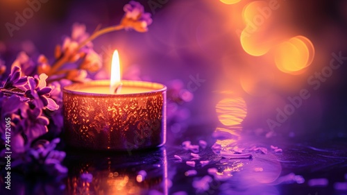 Candle with lilac flowers on a purple background