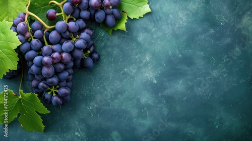 Grapes with leaves on a textured green background