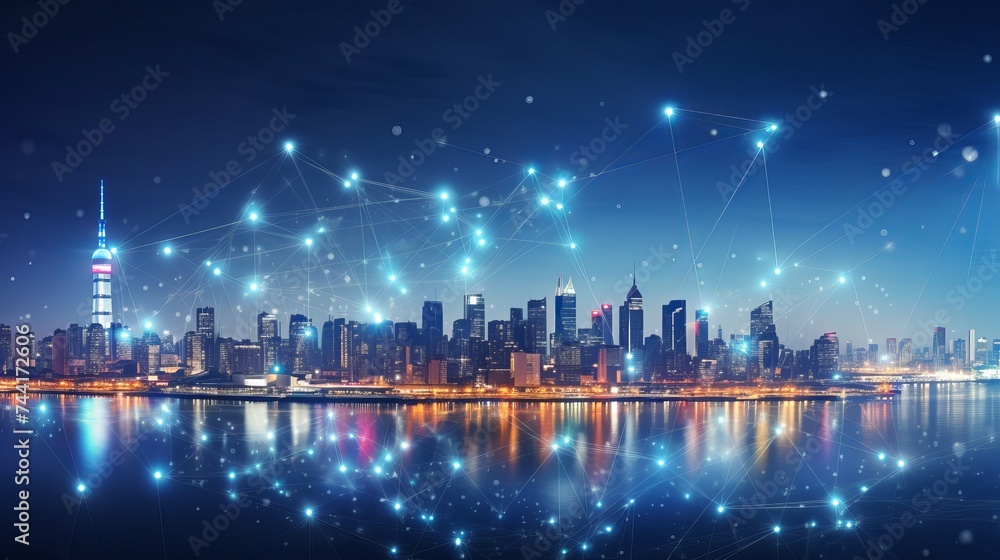 Modern cityscape and network connection concept Modern cityscape and network connection concept