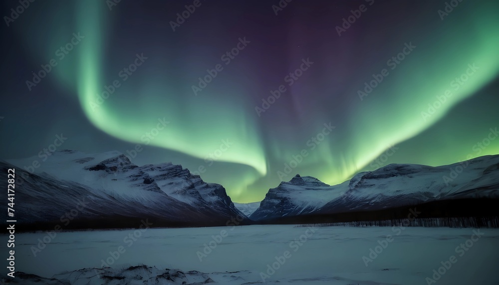 Aurora borealis. Northern lights in winter mountains. Sky with polar lights and stars