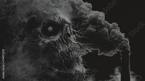 fumaça de uma grande chaminé de planta formando monstro tóxico, desenho de designer para impressão de camiseta, fundo preto photo