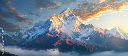 A stunning photograph of a majestic mountain completely covered in clouds under a cloudy sky.