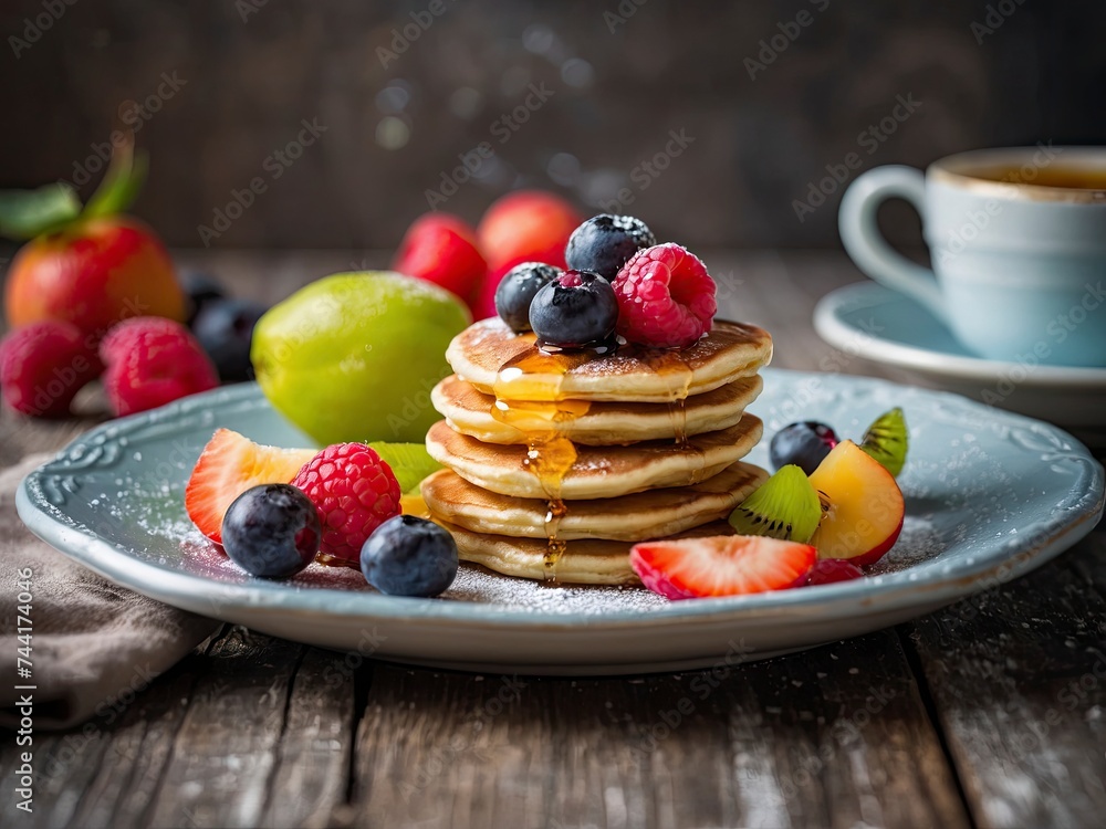 Delicious and homemade mini pancakes as a sweet perfect snack Poffertjes with fruits as sweet breakfast. Homemade mini pancakes with fruit toppings Delicious and homemade mini pancakes as a sweet perfect snack Poffertjes with fruits as sweet breakfast. Homemade mini pancakes with fruit toppings