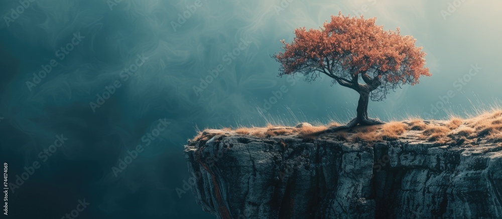 A single tree stands atop a barren cliff, creating a striking image of isolation and resilience. - obrazy, fototapety, plakaty 