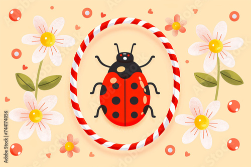 Ladybug with flowers and red and white rope on beige background. Hello spring, 1 march. Baba Marta holiday concept. Martenitsa. Moldovan Romanian and Bulgarian symbol for spring beginning photo