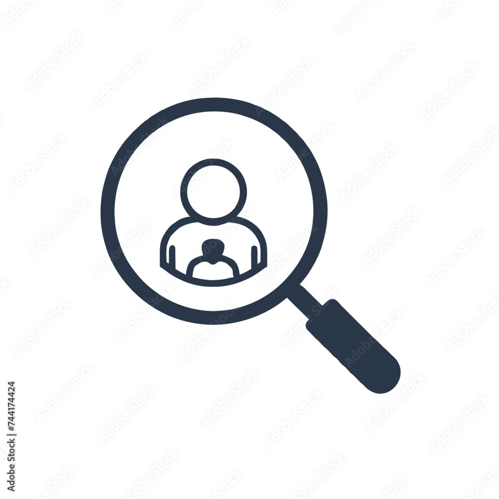Recruitment icon. Magnifier with human isolated on white. Magnifying glass icon. Find people, human research. Vector illustration. know your customer icon flat pictogram. Recruitment icon. Magnifier with human isolated on white. Magnifying glass icon. Find people, human research. Vector illustration. know your customer icon flat pictogram.