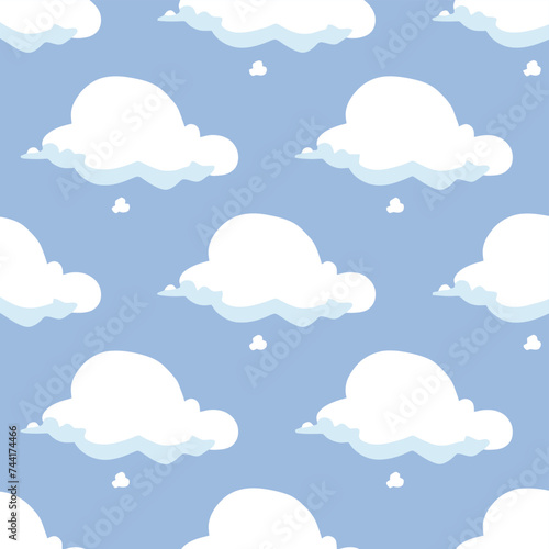 Seamless background with white clouds on blue sky. Overcast pattern. Vector illustration. Cartoon weather wallpaper.
