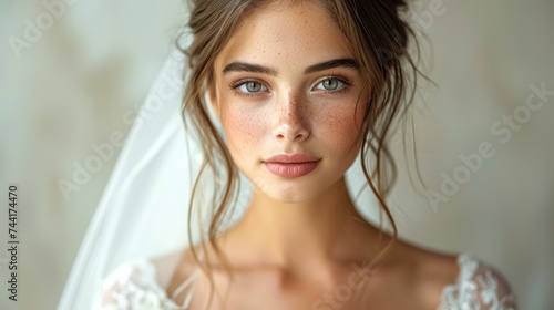 Beautiful young bride in a white lace wedding gown. Tender Caucasian woman. Concept of bridal beauty  elegance  feminine grace  and the start of a matrimonial journey.