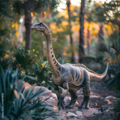 Prehistoric Dinosaur Amidst Lush Greenery in a Modern Landscape