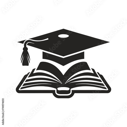 black open book with graduation cap or mortar board. Isolated on white background. Flat reading icon. Vector illustration. Education logo. Knowledge pictogram.