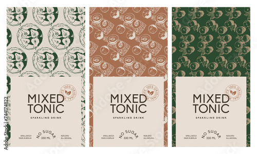 Vector hand drawn cocktail packaging label design template set for cafe or restaurant. Vector beverage package badges set
