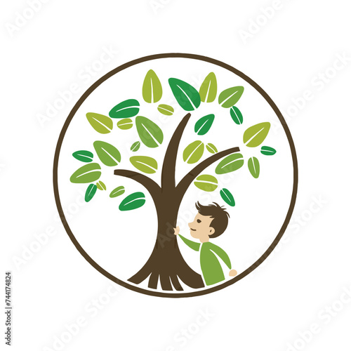 Green curved tree with leaves and child with sprout. Round border with boy. Isolated on white. Flat design. Vector illustration. Children education or care sign. Childhood logo.