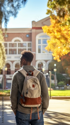 Wallpaper Mural African immigrant student in university campus. Young black man refugee with backpack. Concept of education, new beginnings, immigrant journey, diversity, cultural assimilation. Vertical format Torontodigital.ca