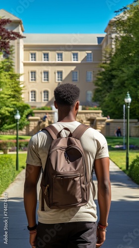 African American immigrant student in university campus. Young man refugee with backpack. Concept of education, new beginnings, immigrant journey, diversity, cultural assimilation. Vertical format
