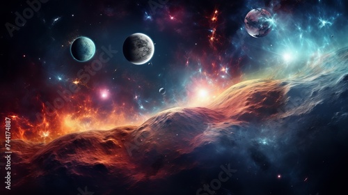 Planets over the nebulae in space.