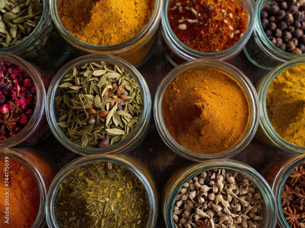 Close-Up overhead view of an assorted arrangement of spices, Assorted spices and seeds, various spices, different herbs and spices. Overhead shot of diverse spice arrangement