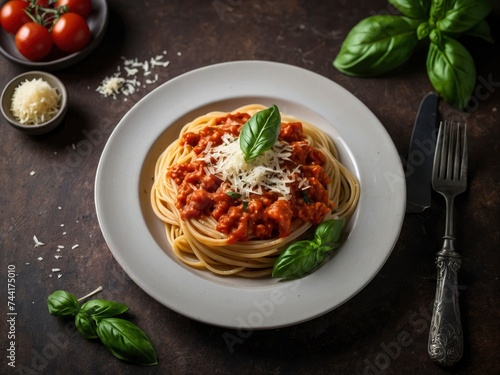 Classic Italian spaghetti pasta with tomato sauce, cheese parmesan and basil on plate. Traditional Italian spaghetti with tomato and basil sauce