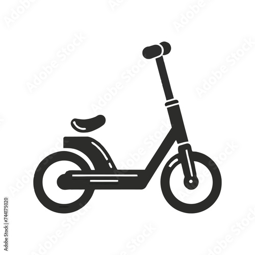 Black kick scooter or balance bike icon. Flat push scooter isolated on white. Vector illustration. Eco transport symbol. Healthy journey. Ecology. Go green. Hipster.