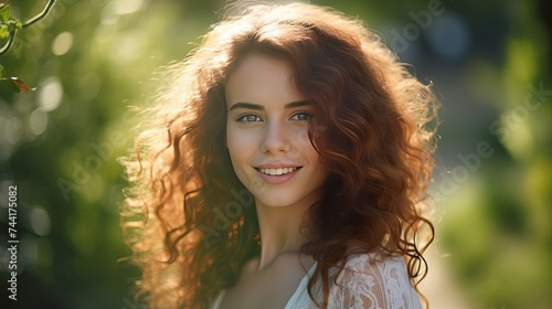 Portrait close up of young beautiful woman, on green background summer nature