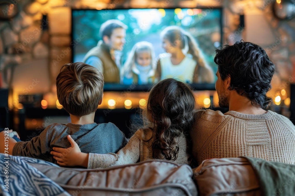Fototapeta premium A father and his two children sit together on the couch, their eyes glued to the television screen as a woman's face appears, her clothing reflecting the indoor room behind her