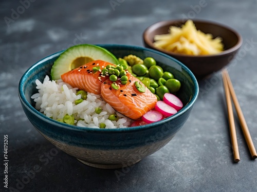 Close-up hawaiian salmon fish poke bowl with rice and radish and cucumber and edamame - poke bowl Hawaiian dish. Flavorful hawaiian salmon poke bowl with rice