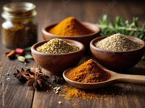 Close-up variety of spices, dust or grain in bottle and in bowl, culinary ingredients on wooden table. Array of spices and grains on wood surface