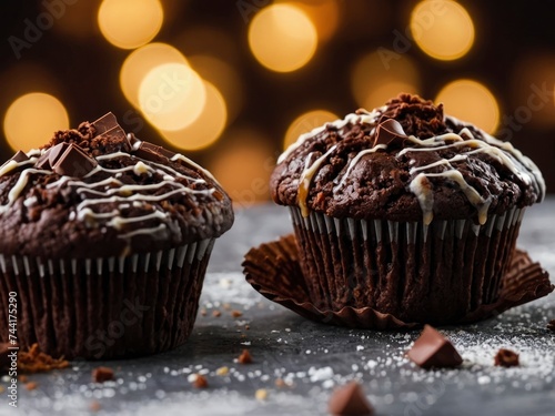 Closeup view of Delicious chocolate muffins on table. Mouthwatering chocolate muffins close up