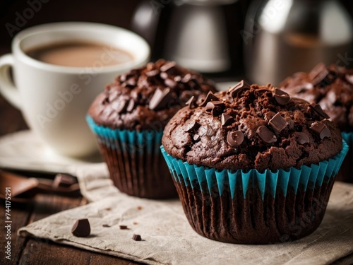 Closeup view of Delicious chocolate muffins on table. Close shot of tempting chocolate muffins