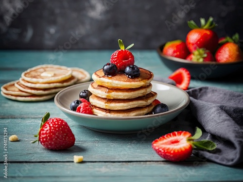 Delicious and homemade mini pancakes as a sweet perfect snack Poffertjes with fruits as sweet breakfast. Sweet breakfast treat: Poffertjes with fruits
