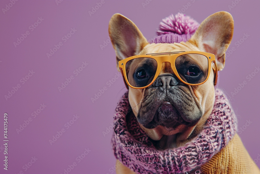 French Bulldog wearing clothes and sunglasses on purple background