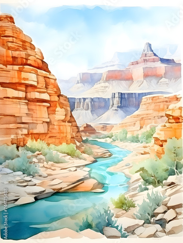 Watercolor illustration landscape view of Grand Canyon 