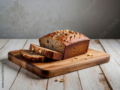 Delicious banana bread served on wooden table on black background. Uniform white background. Irresistible banana loaf with dual backdrop contrast