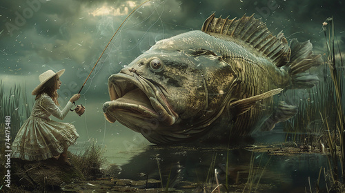 mulher pescando peixe gigante 
