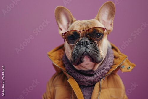 French Bulldog wearing clothes and sunglasses on purple background © Ricardo Costa