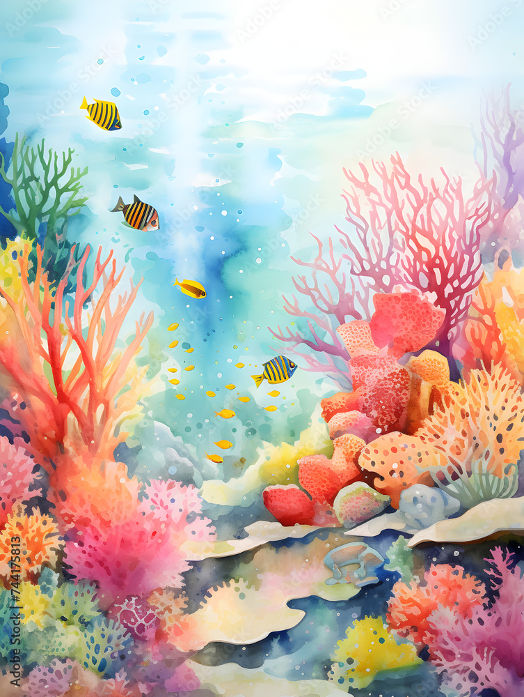 Watercolor illustration underwater life of Great Barrier reefs