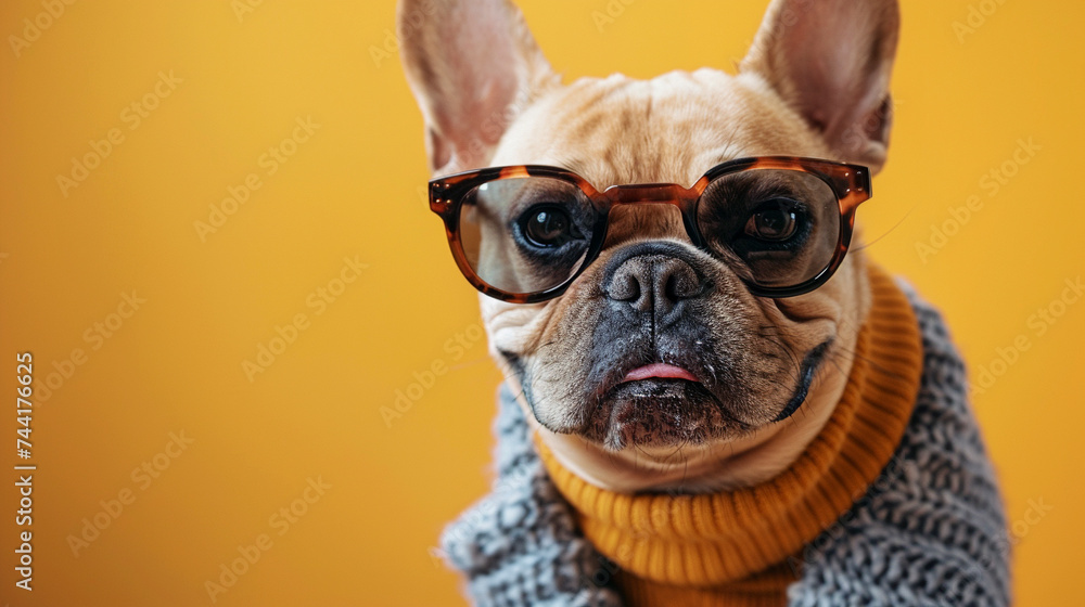French Bulldog wearing clothes and sunglasses on yellow background