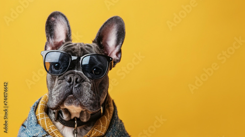 French Bulldog wearing clothes and sunglasses on yellow background © Ricardo Costa