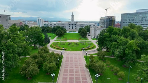 Drone Aerial Colorado State Capitol Buildings and Civic Center Park in Downtown Denver, CO 4K