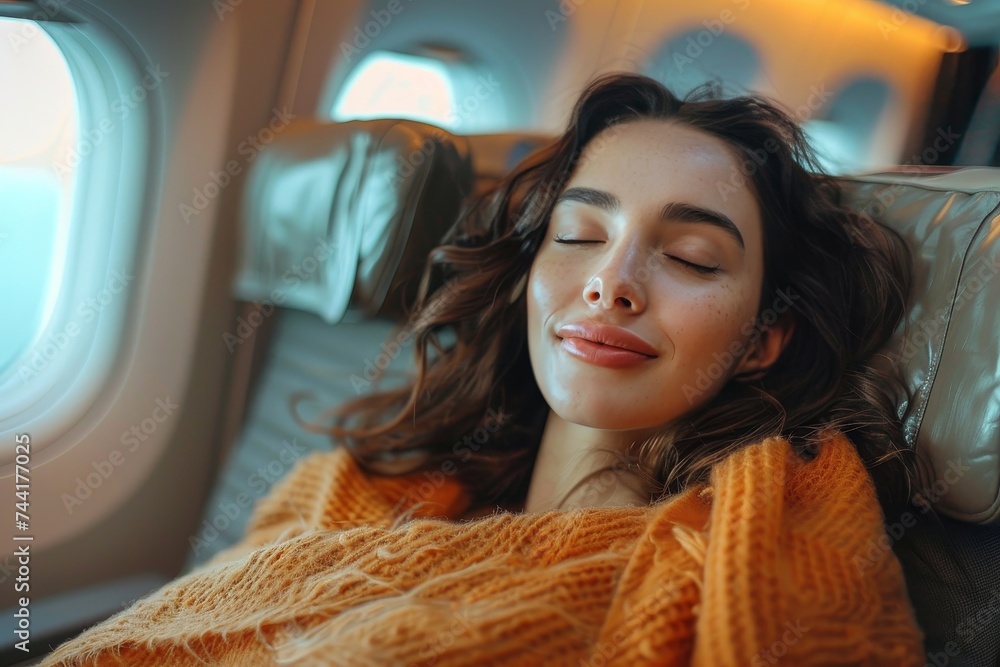 A peaceful woman rests with a serene smile, embodying grace and comfort in her indoor sanctuary A peaceful woman rests with a serene smile, embodying grace and comfort in her indoor sanctuary
