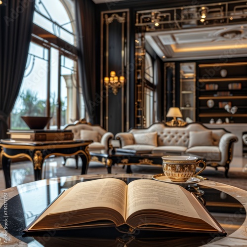 In a luxurious villa there is an open book and a cup of coffee on a table 
