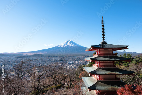 Mont Fuji beautiful landscape view from Chureito Pagoda during autumn with colorful maple leaves (momiji), in Japan 