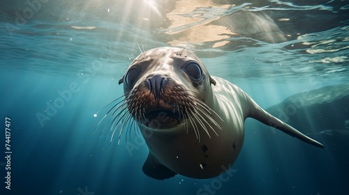 Sea lion swimming underwater in deep blue ocean in the Guadeloupe Island