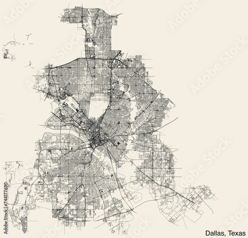 Detailed hand-drawn navigational urban street roads map of the American city of DALLAS, TEXAS with vivid road lines and name tag on solid background