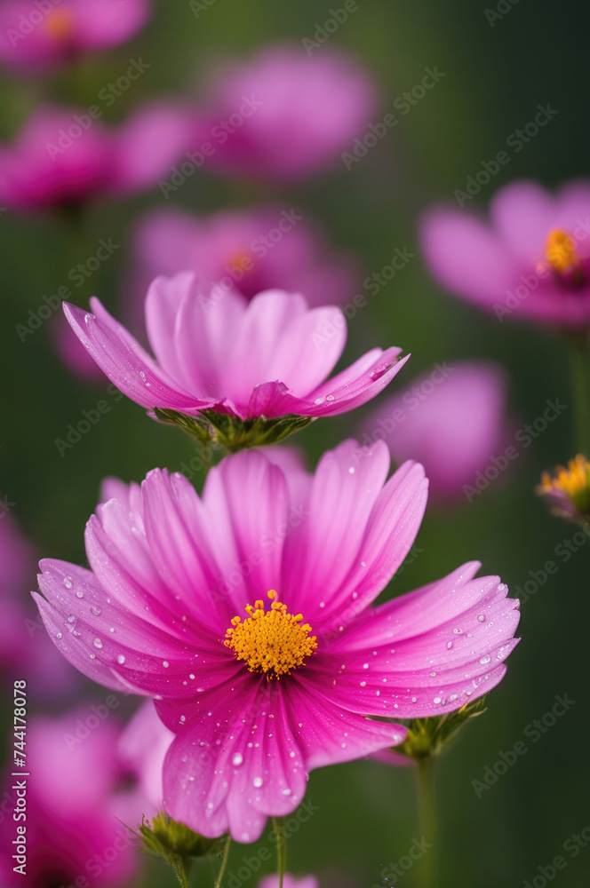 Vivid pink cosmos flower with a golden center, adorned with crystal-clear dew drops