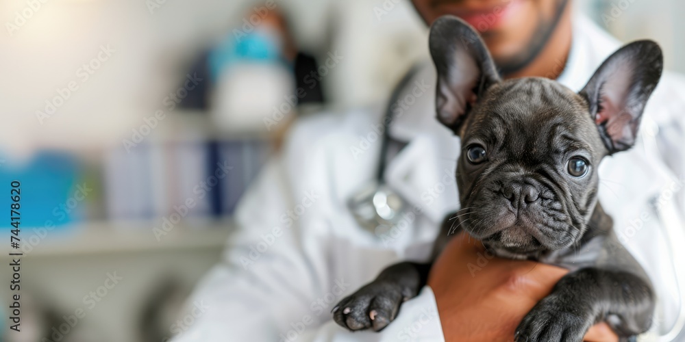 Generative AI, veterinarian doctor is holding in hands cute small puppy dog, vet clinic banner with copy space
Generative AI, veterinarian doctor is holding in hands cute small puppy dog, vet clinic banner with copy space
